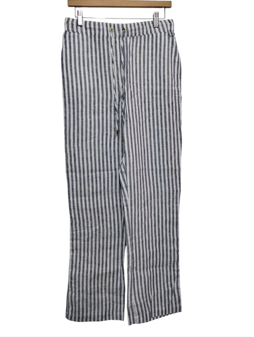Ellen Tracy Linen Drawstring Wide Leg Pants Women's S Nautical Stripes Coastal